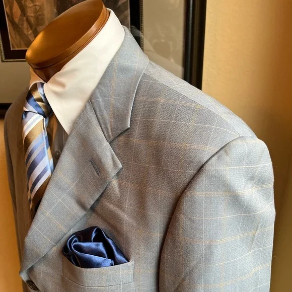 Marzotto Sartoriale Fine Italian Wool Light Blue Windowpane Jacket Size 40R